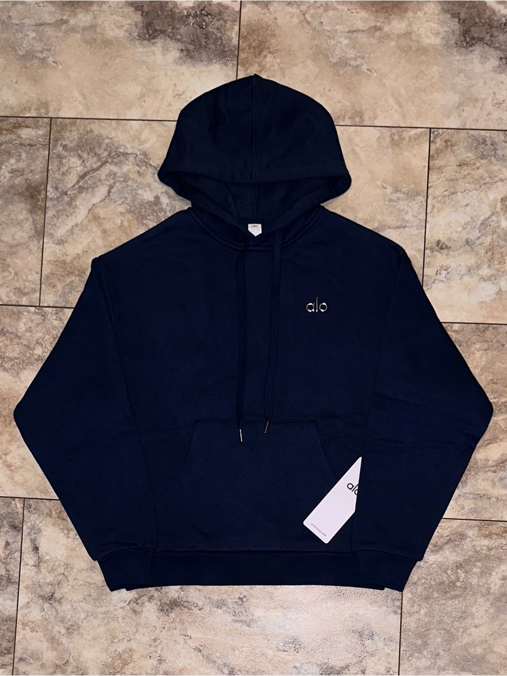 Alo Yoga Accolade Hoodie Pullover Logo Sweatshirt Navy Blue Size XS